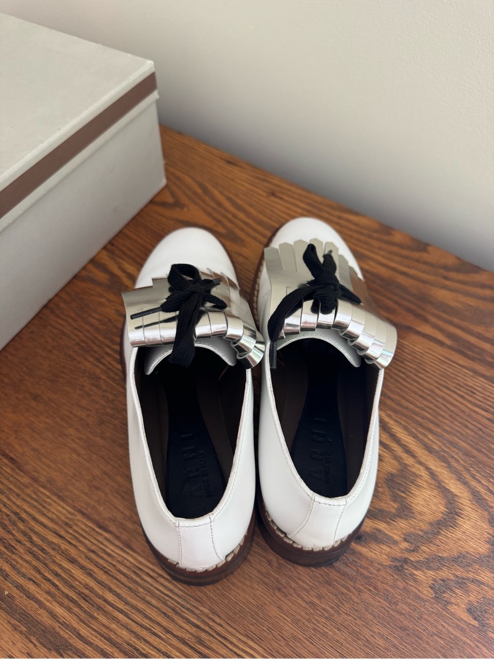 Marni White Leather Silver Fringe Loafers - Picture 5 of 6